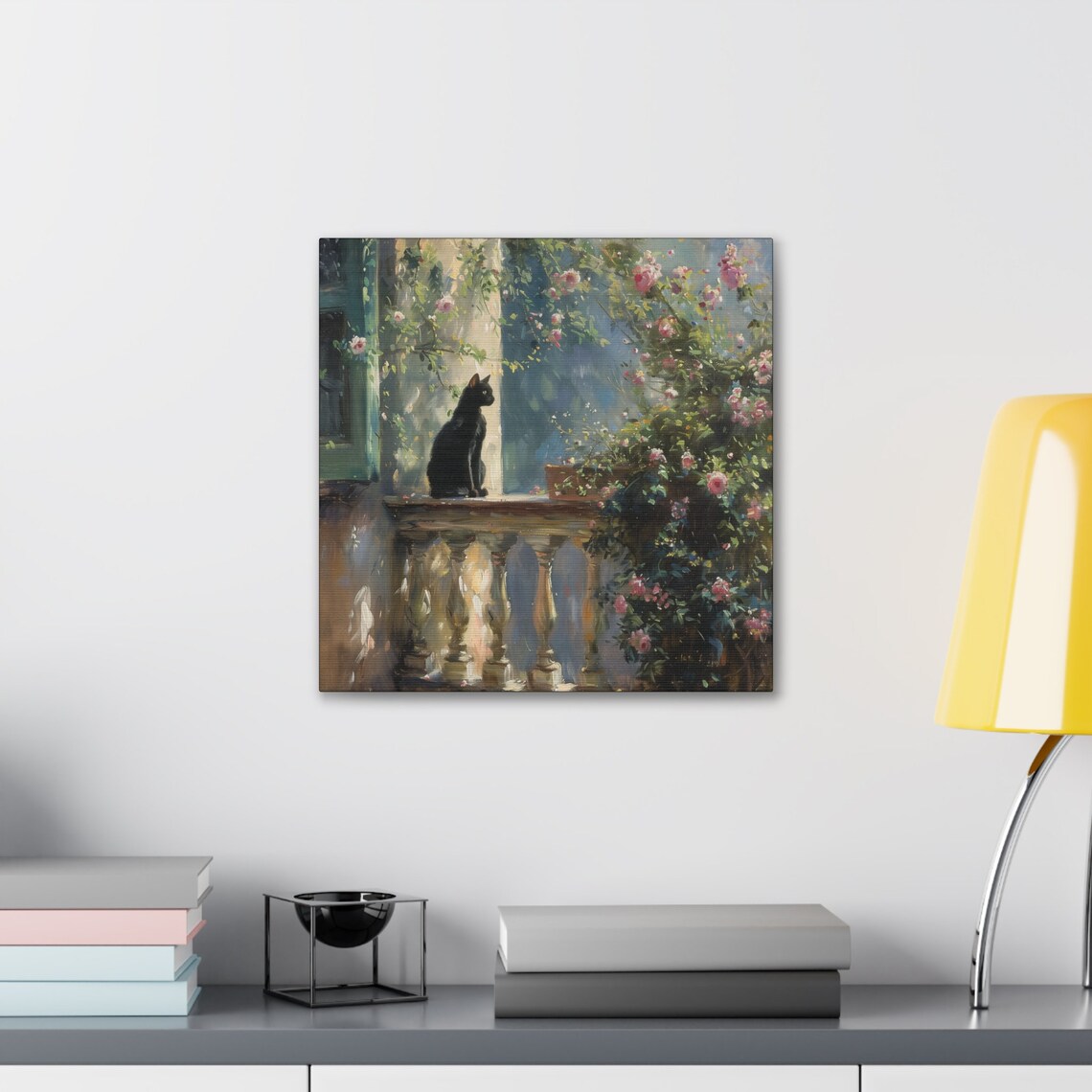 Black Cat on Garden Balcony Among Pink Climbing Roses Painting Poster - Image 5