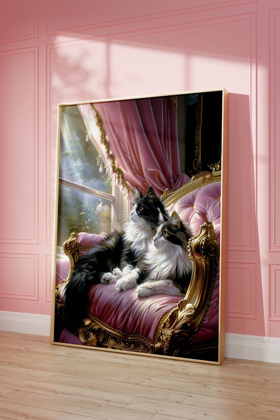 Two Tuxedo Cats Lounging On A Baroque Pink Velvet Sofa Oil Poster
