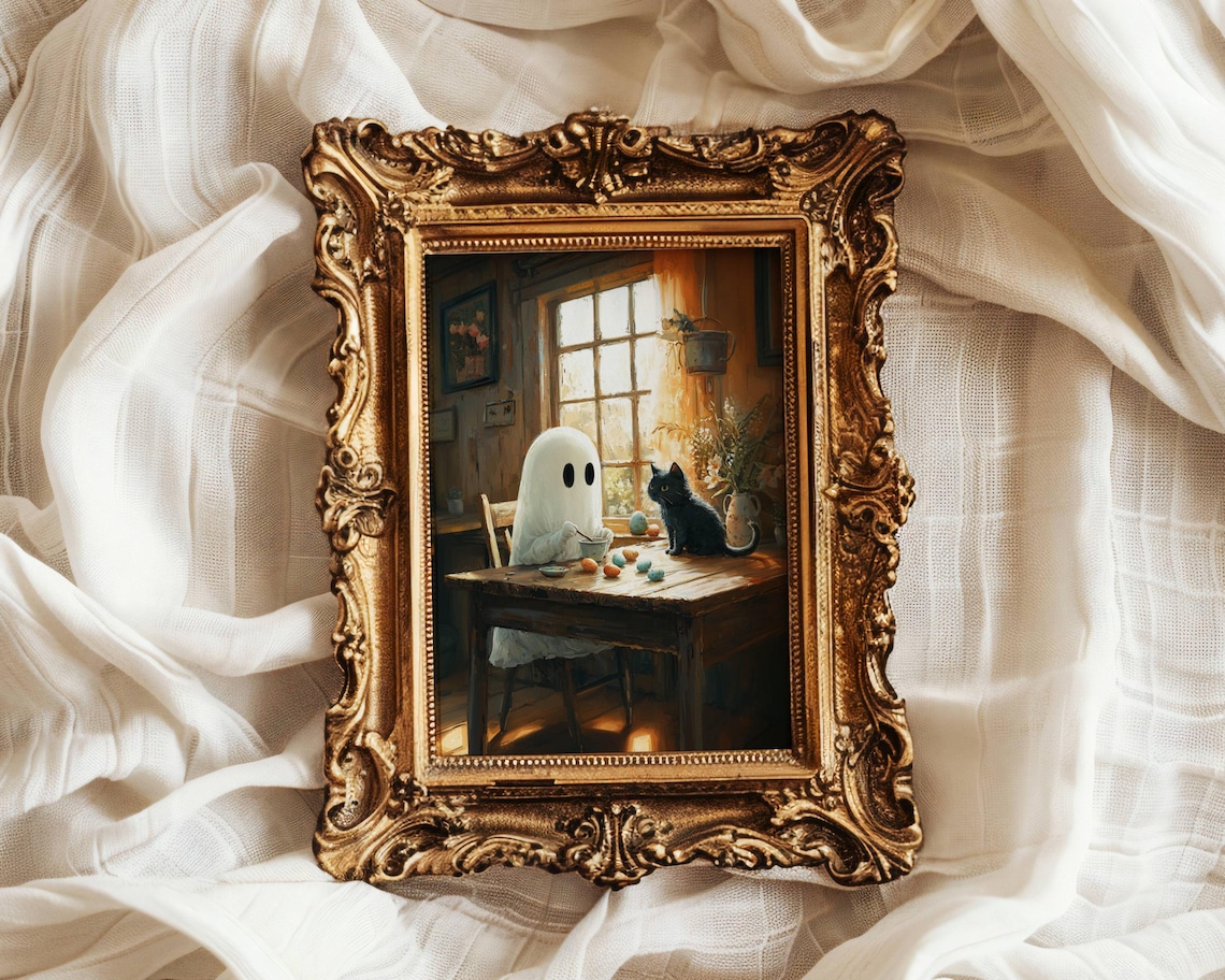 Ghost And Black Cat Easter Eggs, Whimsigoth Art Print - Image 4