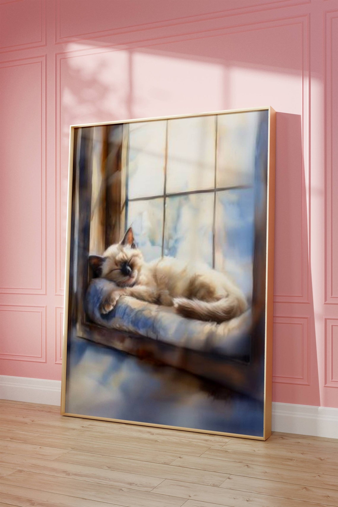 Sleeping Siamese Kitten In A Sunlit Window Watercolor Poster - Image 7