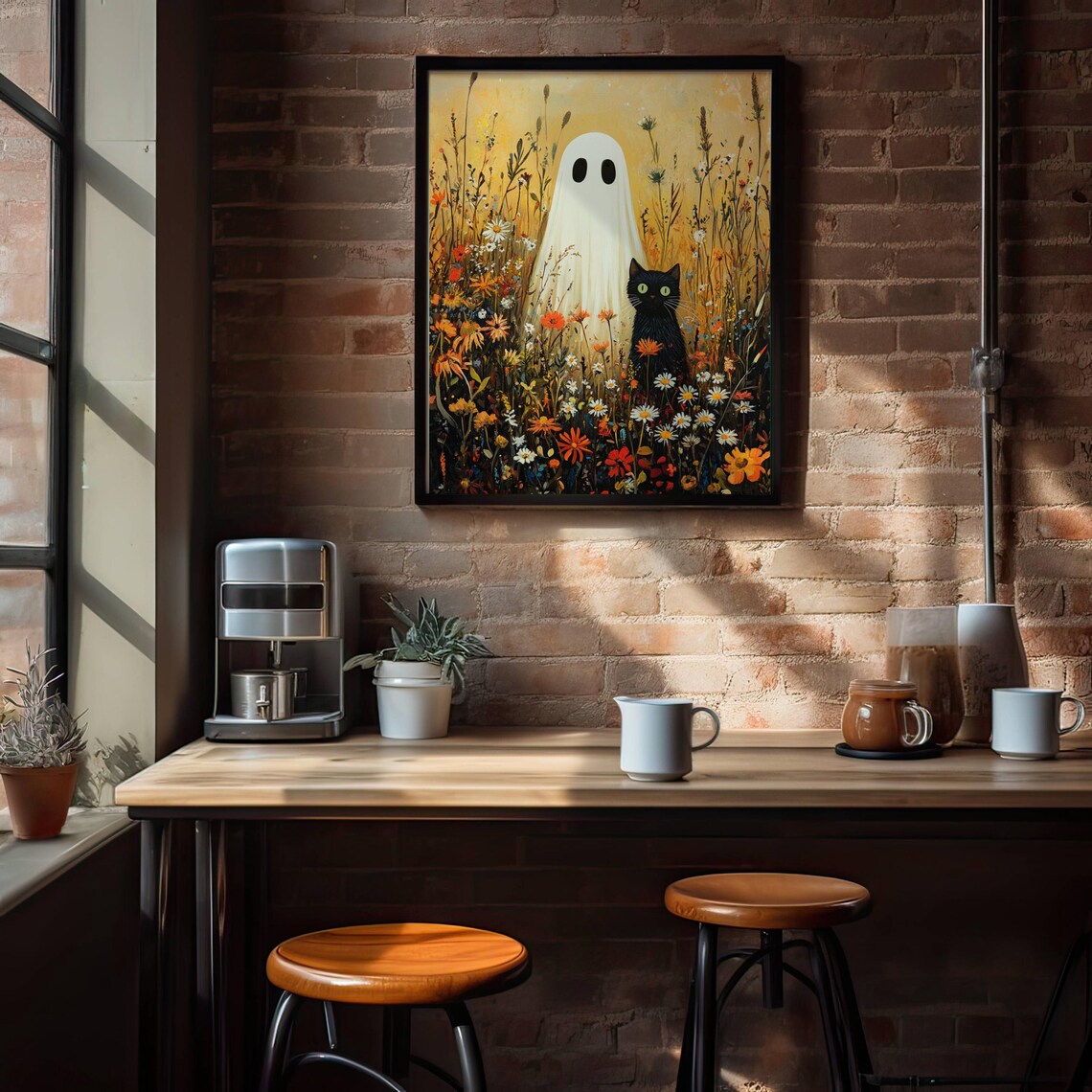 Black Cat and Ghost in a Golden Autumn Wildflower Meadow Poster - Image 5