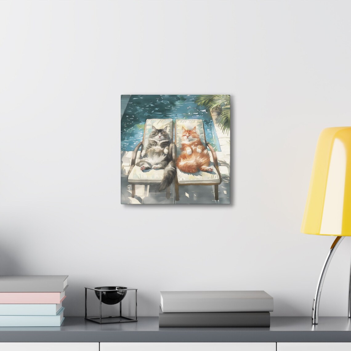 Two Fluffy Cats Sunbathing on Lounge Chairs by the Swimming Pool Poster - Image 4