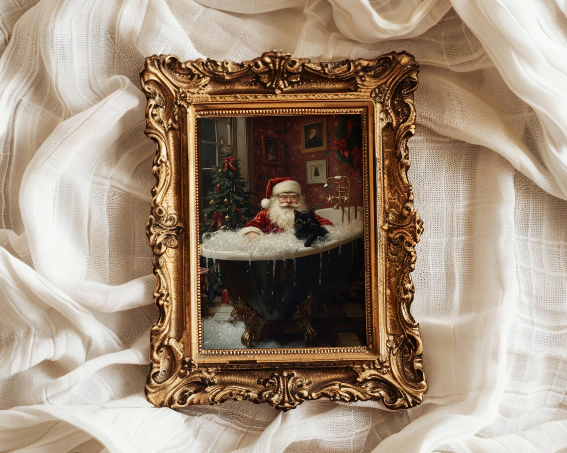 Santa Claus in a Bubble Bath With a Black Cat Christmas Poster - Image 4