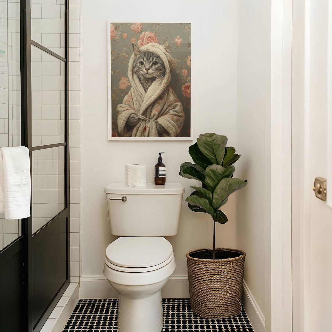 Gray Tabby Cat in Bathrobe, Cute Bathroom Poster Print - Image 3