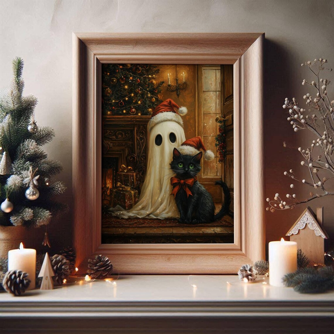 Cute Ghost and Black Cat in Santa Hats by a Fireplace Poster - Image 6