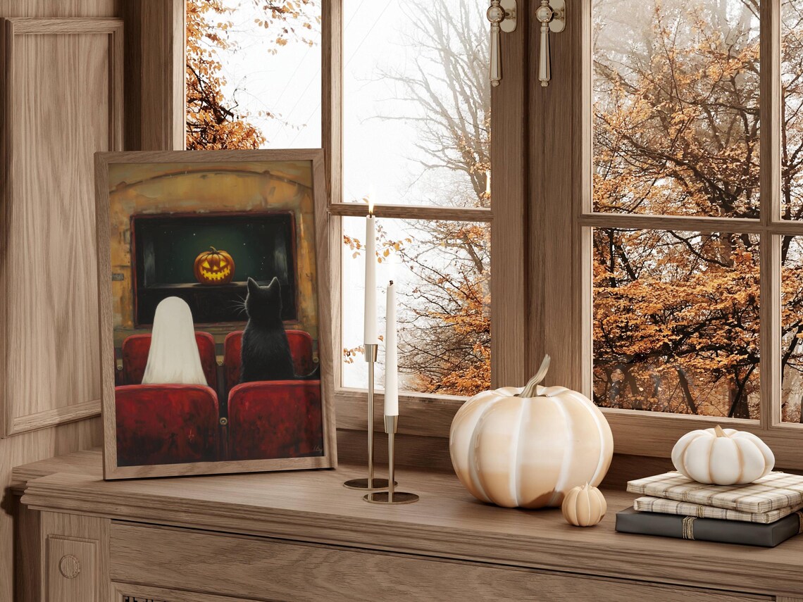 Ghost and Black Cat Watching a Pumpkin Movie in a Theater Poster - Image 7