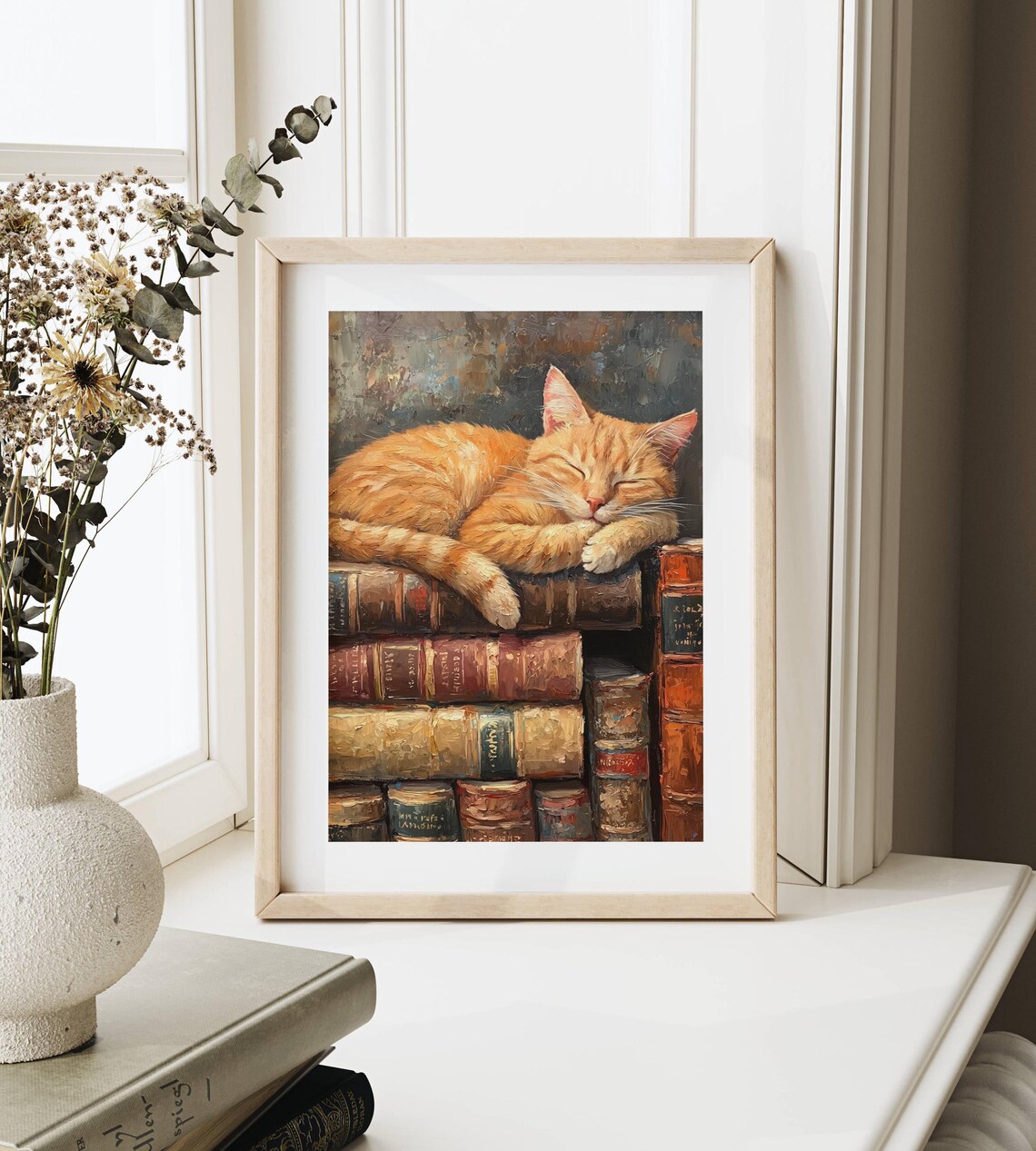 Ginger Cat Sleeping On Books, Light Academia Art Print - Image 6
