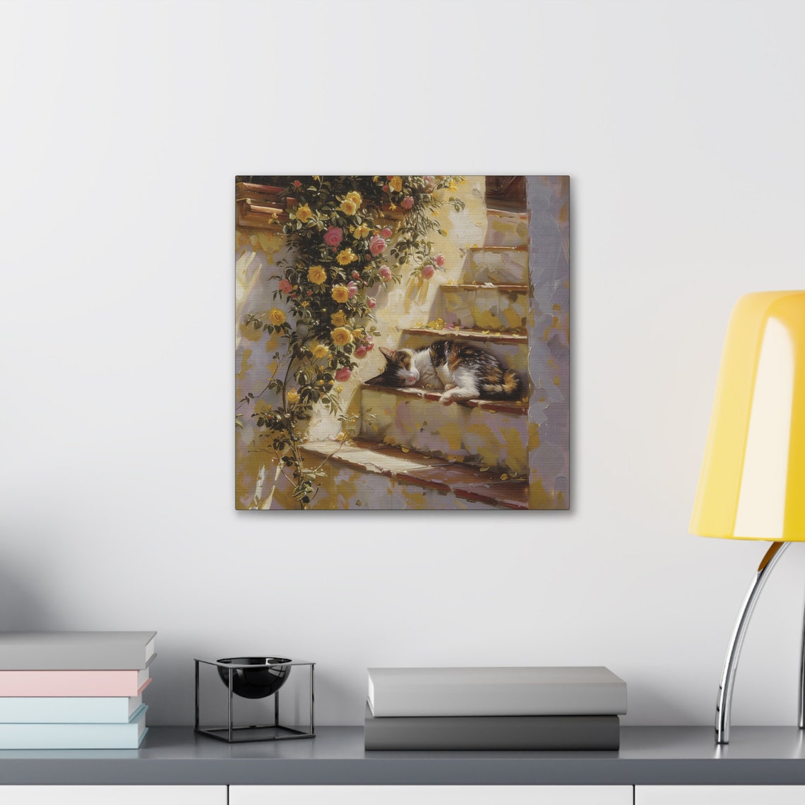 Calico Cat Napping on Sunlit Steps Under Climbing Roses Poster - Image 5