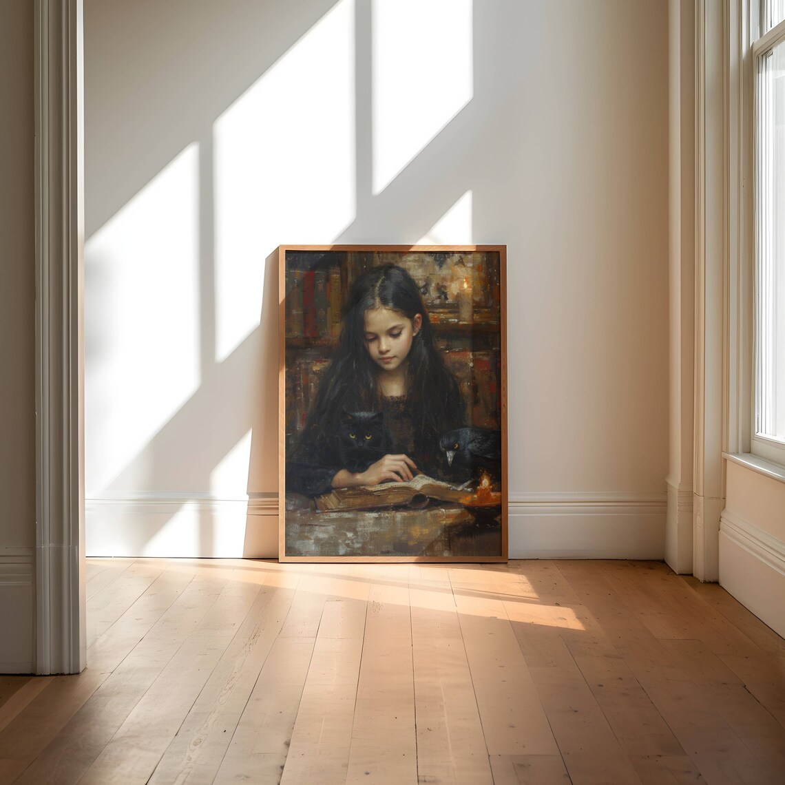 Girl Reading by Candlelight With a Black Cat and Crow Poster - Image 4