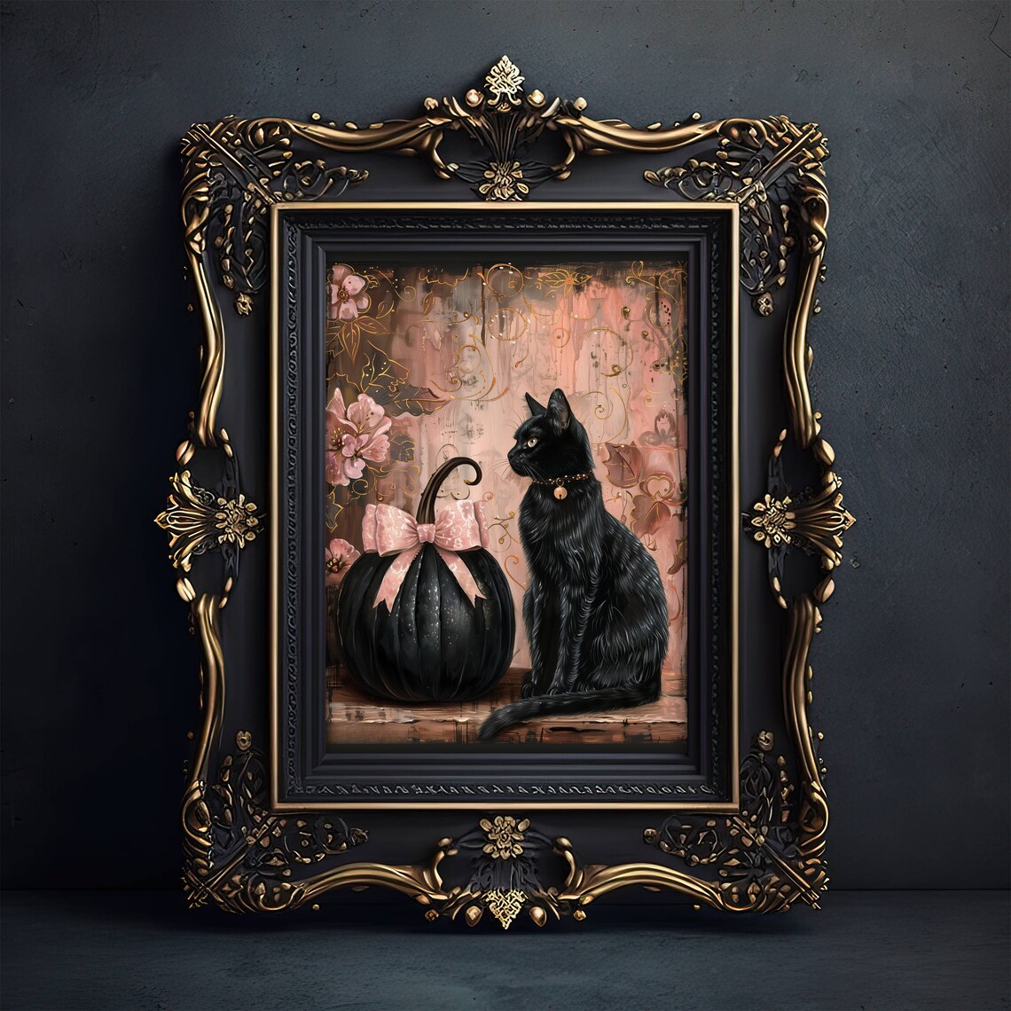 Coquette Black Cat and Pumpkin Halloween Art Print - Image 6