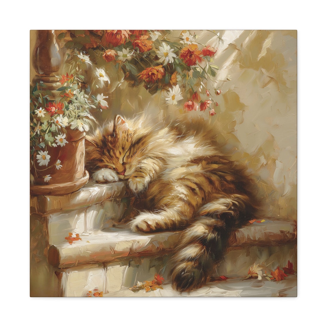 Fluffy Tabby Kitten Sleeping on Stone Steps with Flowers Poster - Image 2