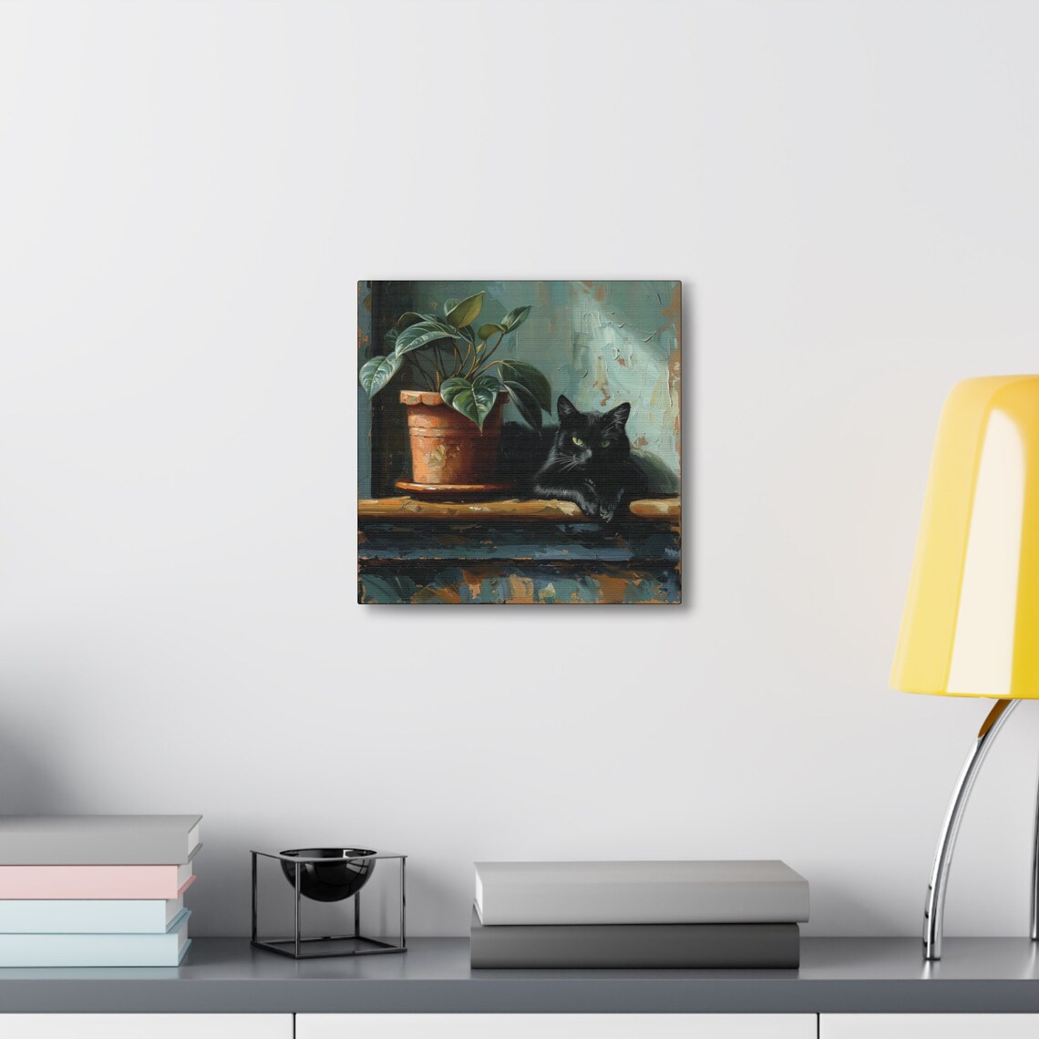 Black Cat Resting by Potted Plant on Windowsill Oil Painting Poster - Image 6