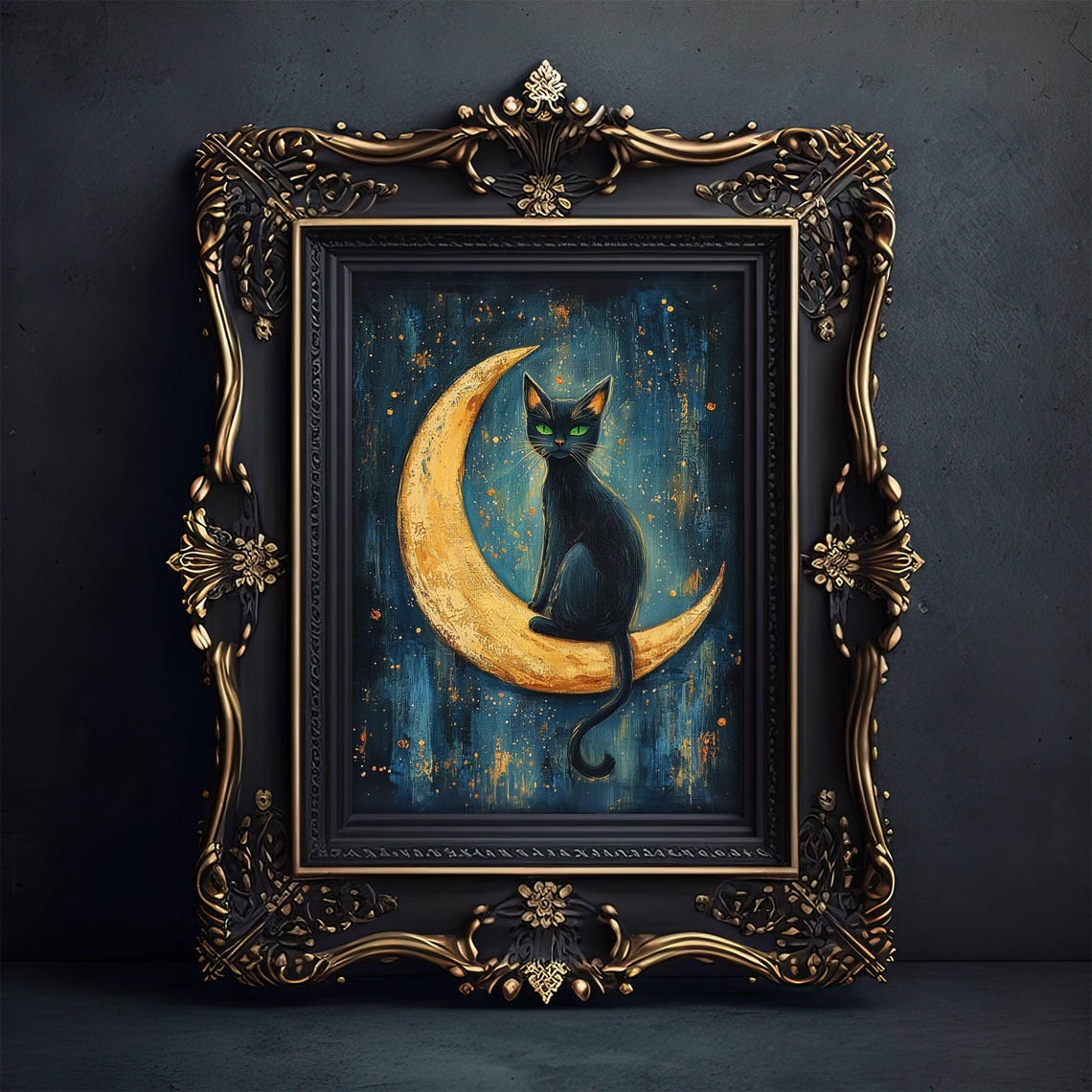 Black Cat Sitting on a Golden Crescent Moon Starry Night Poster - Image 3