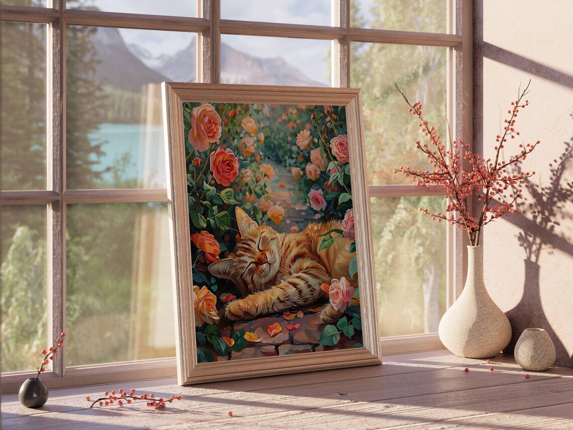 Ginger Cat in Rose Garden Poster, Floral Feline Art Print - Image 2