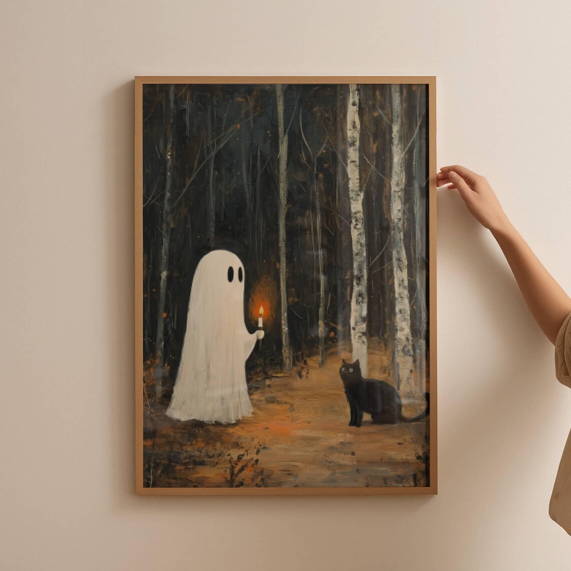 Black Cat And Ghost In Forest, Whimsigoth Art Print - Image 2