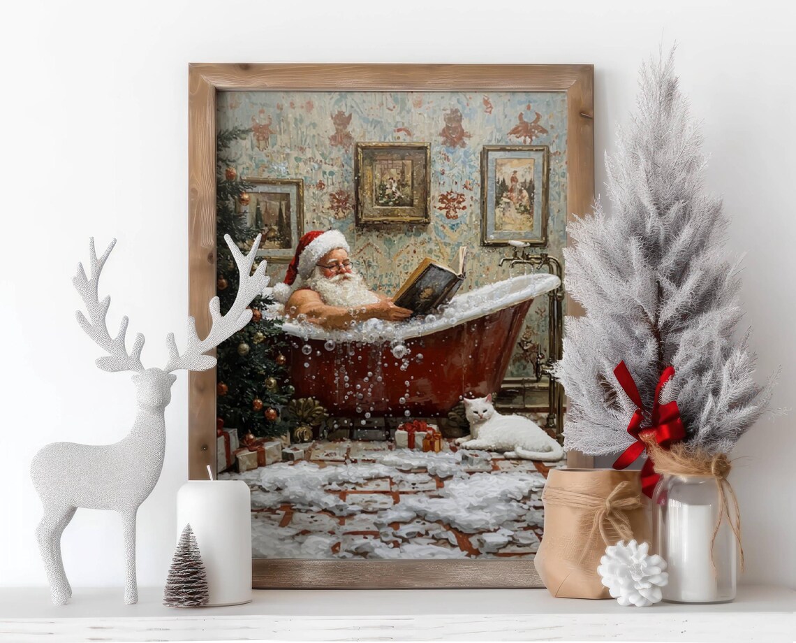Santa Claus Reading In Bathtub Christmas Poster Print - Image 4