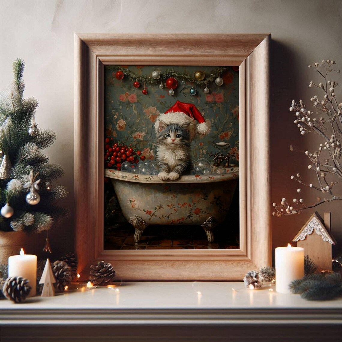 Gray Tabby Kitten Christmas Bubblebath Art Print - Image 5