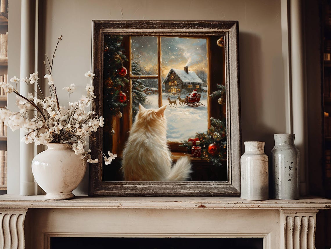 White Fluffy Cat Watching Santa Sleigh Through a Snowy Window Poster - Image 2
