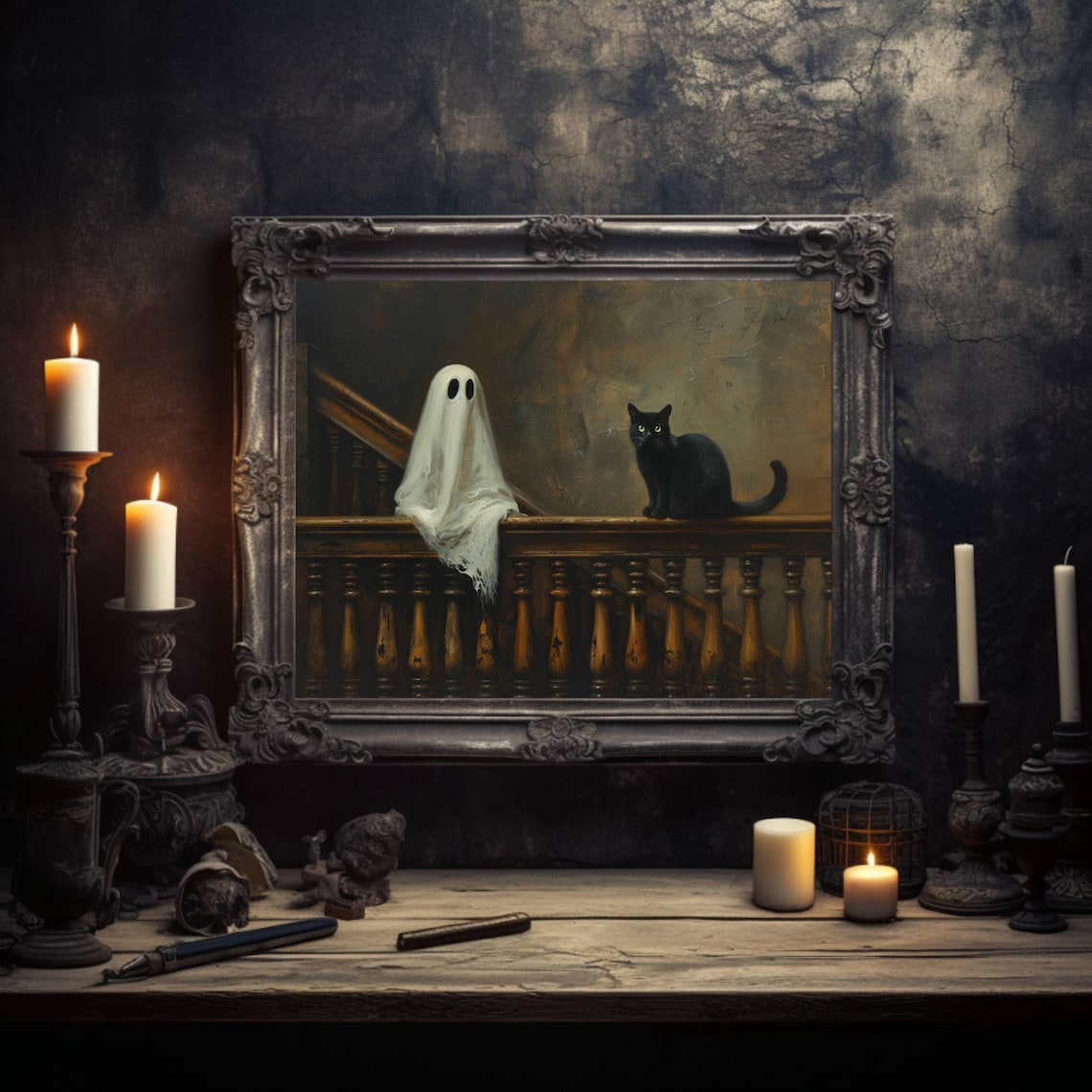 Ghost And Black Cat On Staircase Banister Dark Academia Poster