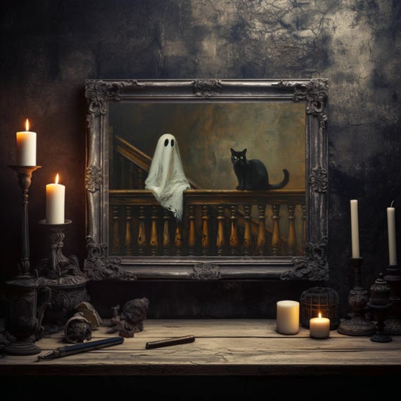 And Black Cat On Banister Poster Dark Academia Wall Art Moody Halloween Decor Spooky Haunted House Gothic Unframed