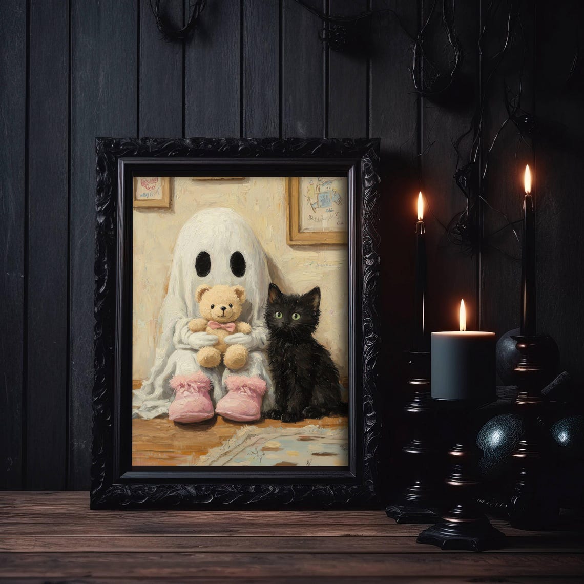 Ghost in Pink Slippers Holding a Teddy Bear Next to a Black Cat Poster - Image 3