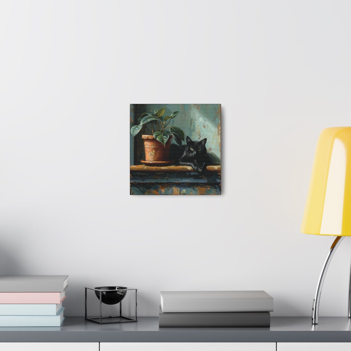 Black Cat Resting by Potted Plant on Windowsill Oil Painting Poster - Image 7