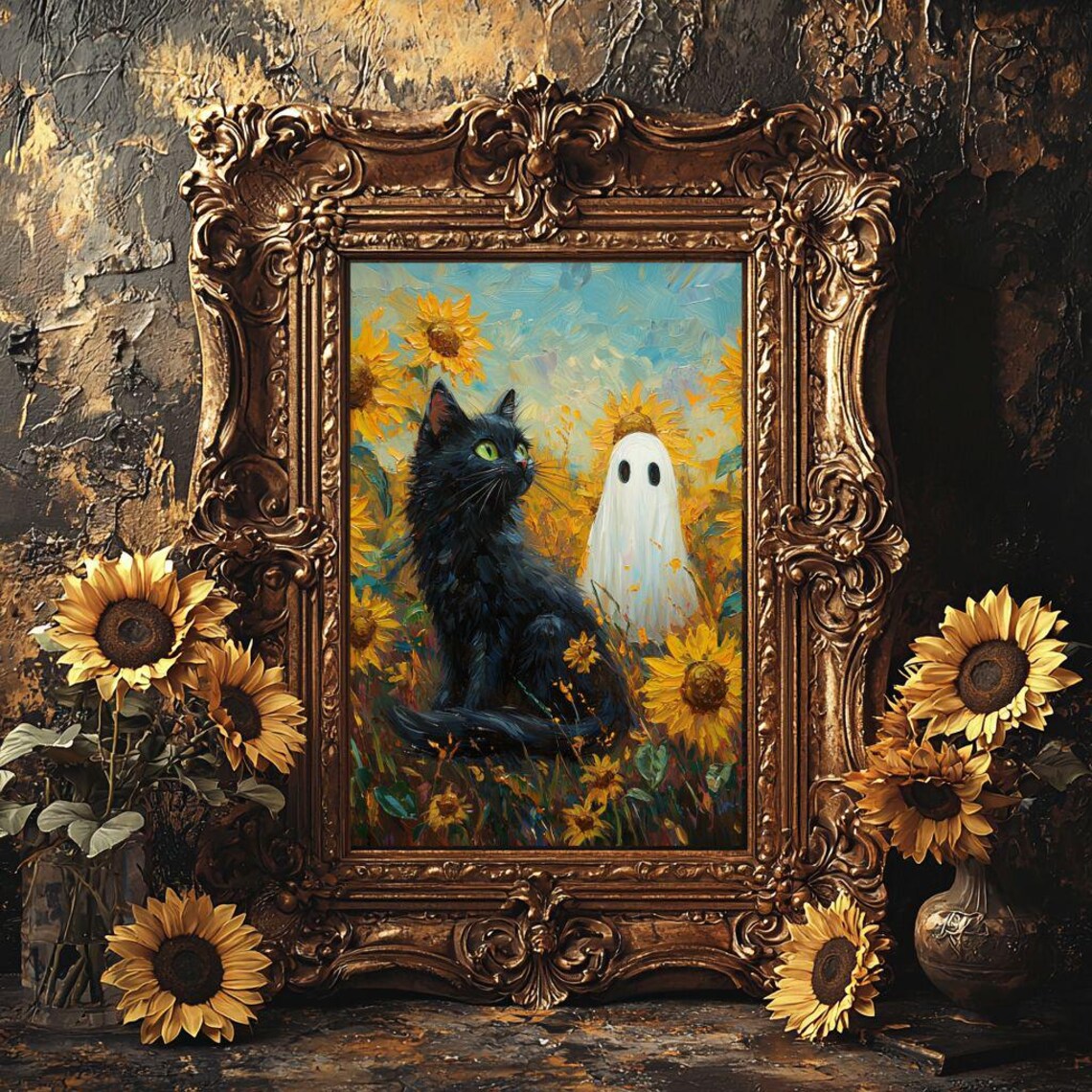 Black Cat and Ghost Standing in a Bright Sunflower Field Poster - Image 5