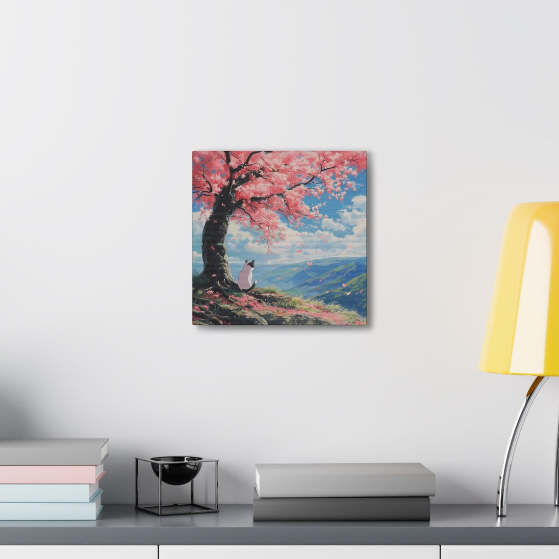 White Cat Under a Cherry Blossom Tree Overlooking Mountains Poster - Image 4