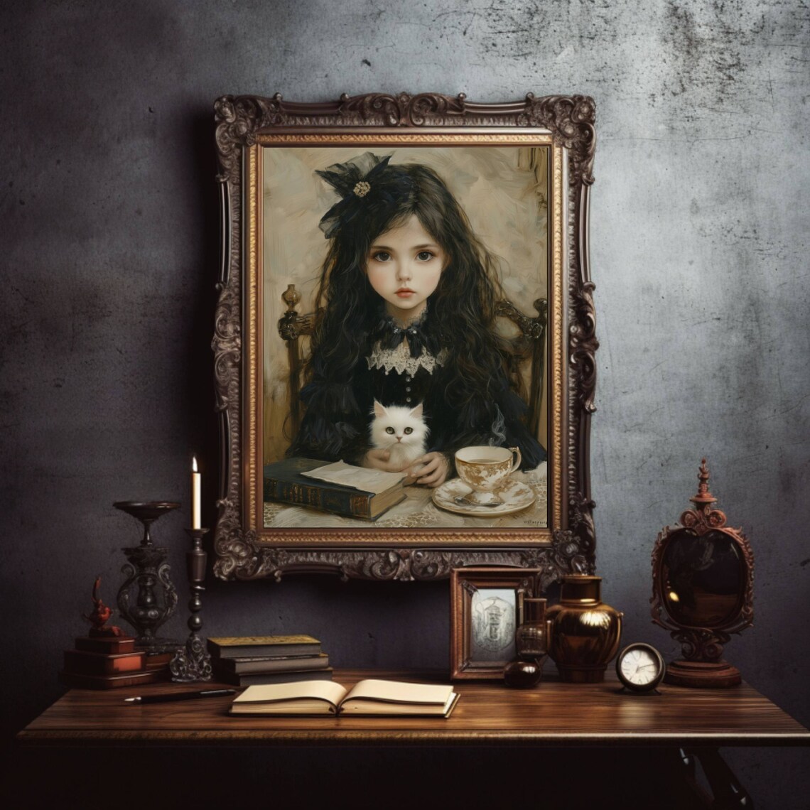 Gothic Portrait of a Girl Holding a White Cat at a Tea Table Poster - Image 6