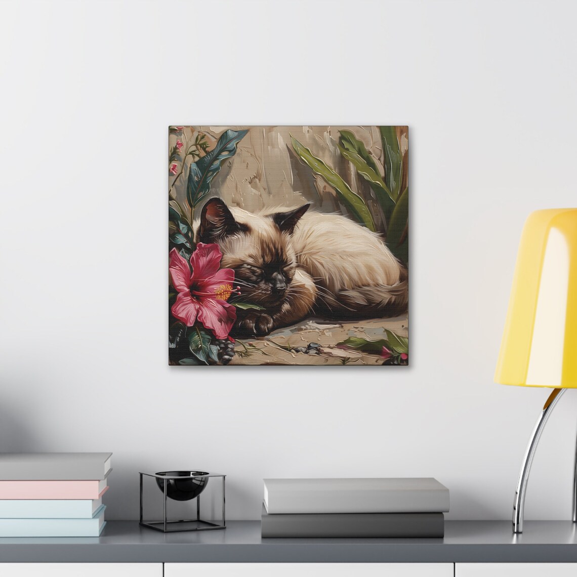 Siamese Cat Sleeping Beside Pink Hibiscus Flower Painting Poster - Image 5