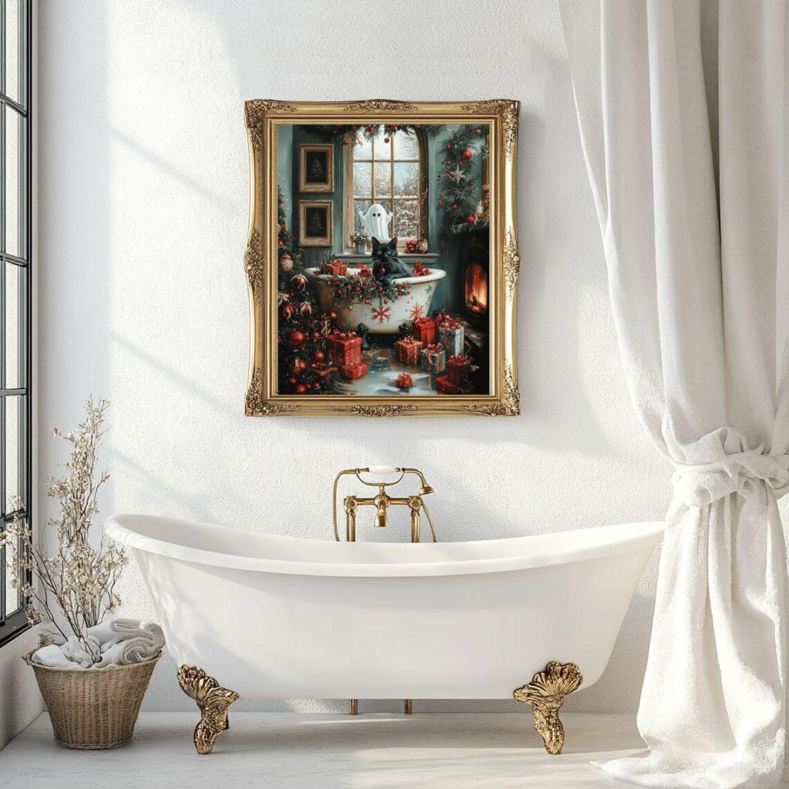 Black Cat in a Festive Bathtub With a Ghost Christmas Poster - Image 5