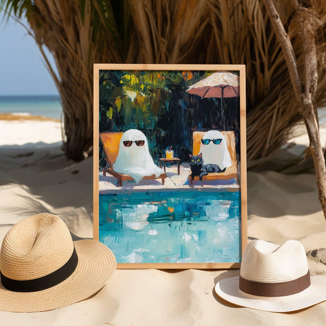 Ghosts And Black Cat At Pool, Whimsigoth Print