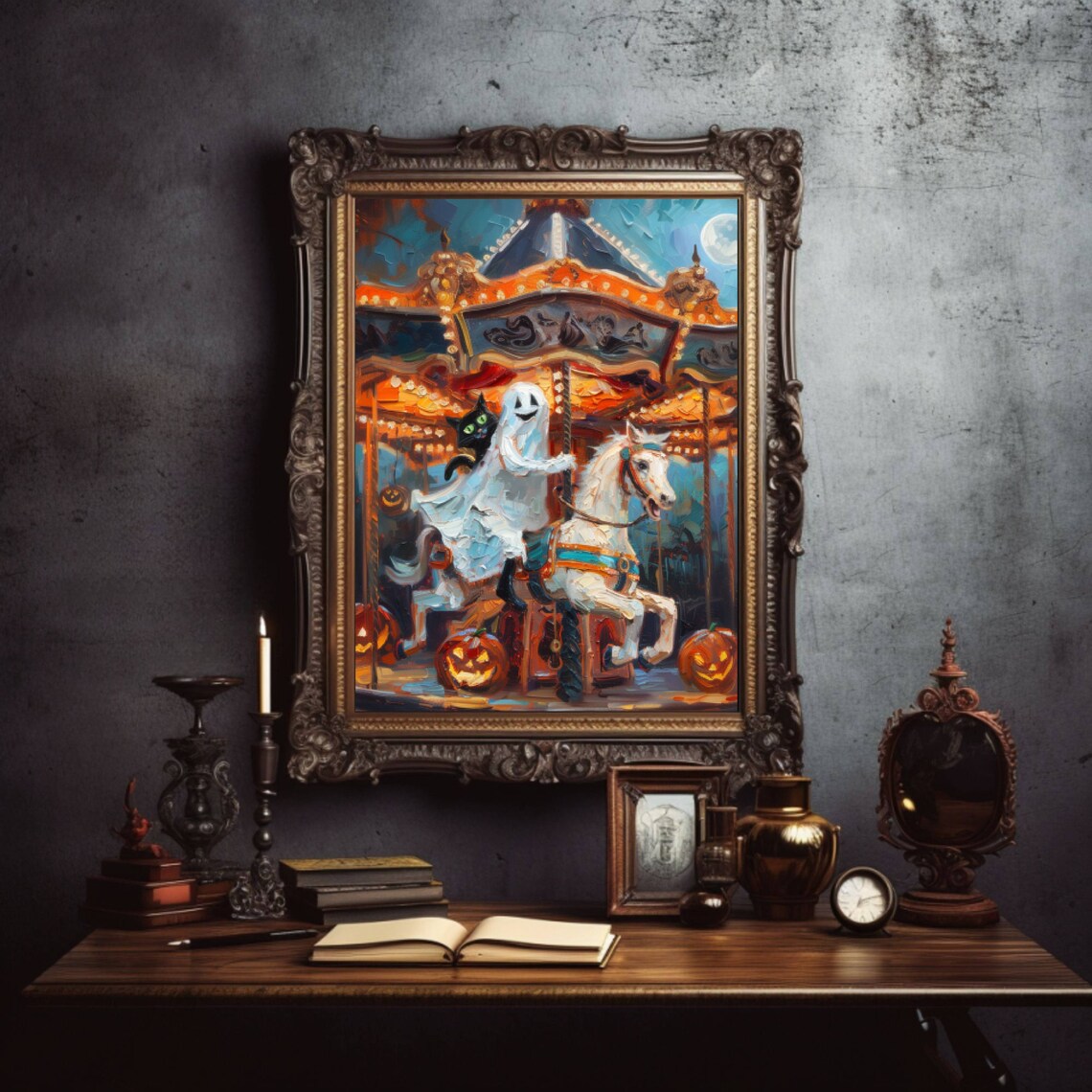 Ghost and Black Cat Carousel Halloween Art Print - Image 2
