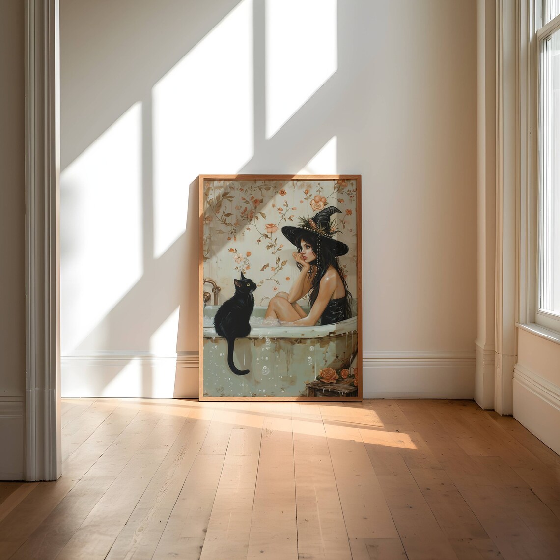 Pensive Witch Bathing In A Tub With A Black Cat Light Art Poster - Image 5