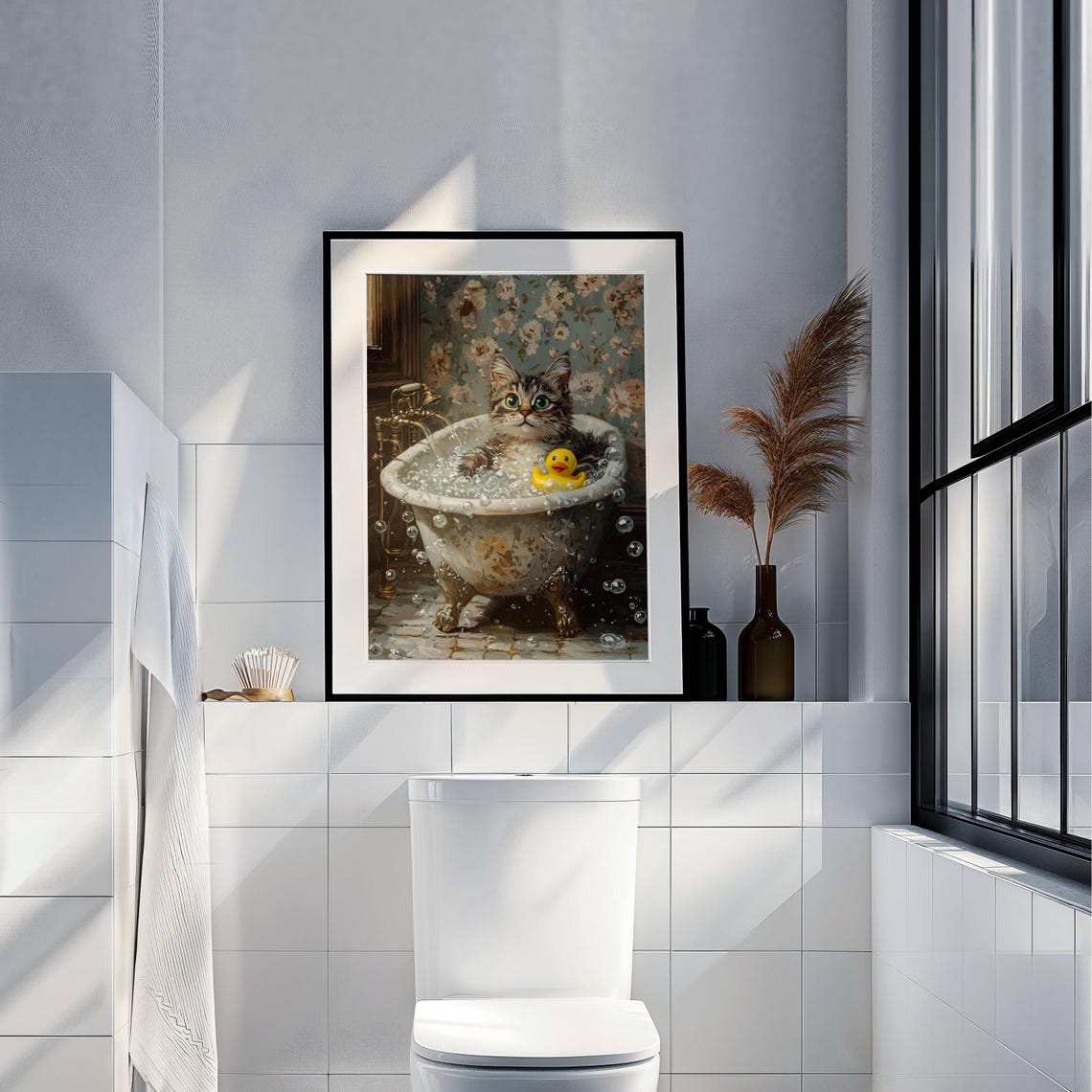 Fluffy Tabby Kitten With a Rubber Duck in a Bubble Bath Poster - Image 5