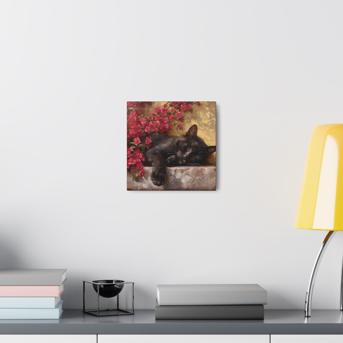 Black Cat Sleeping Among Red Bougainvillea Flowers Oil Painting Poster - Image 7