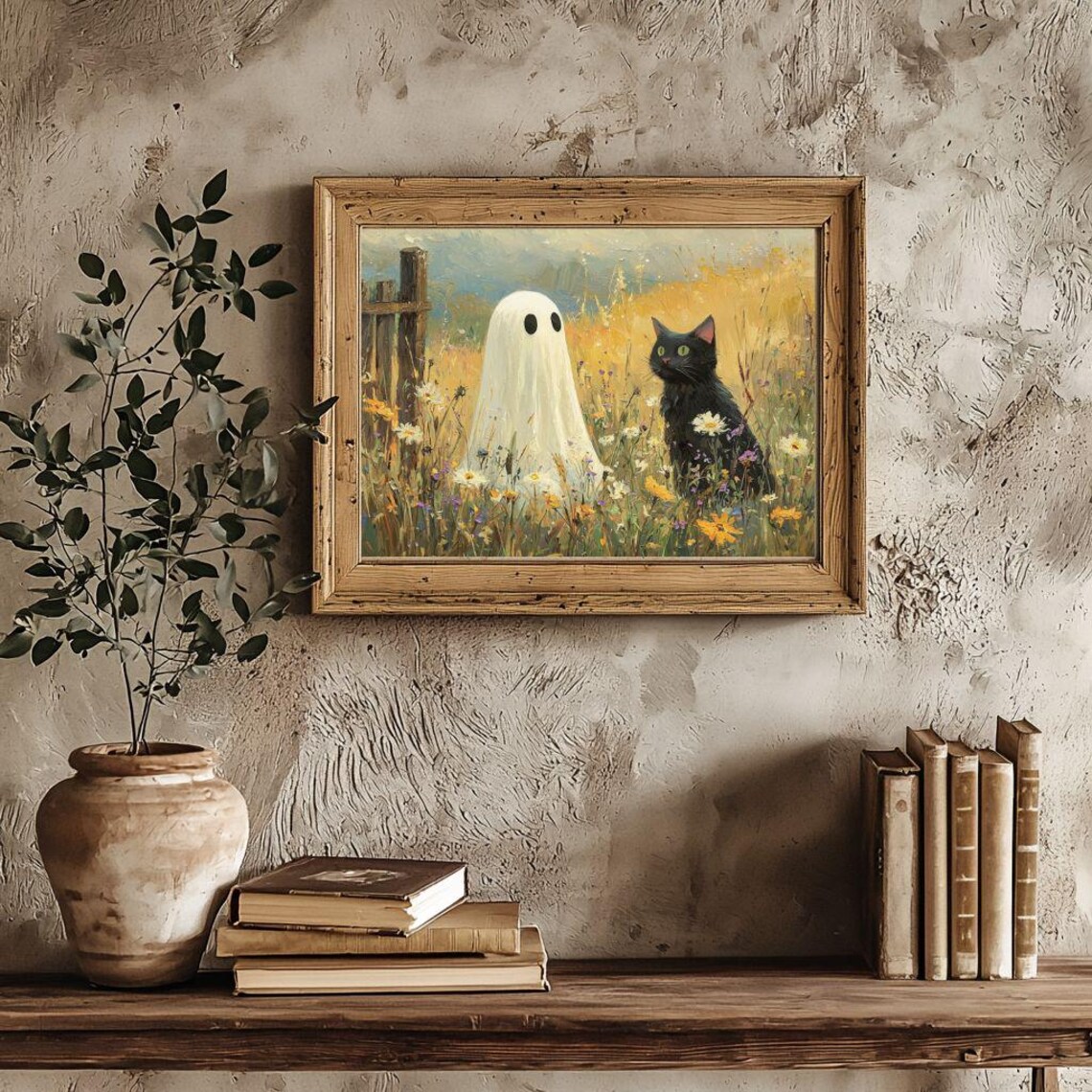 Ghost and Black Cat in Wildflowers Halloween Art Print - Image 3