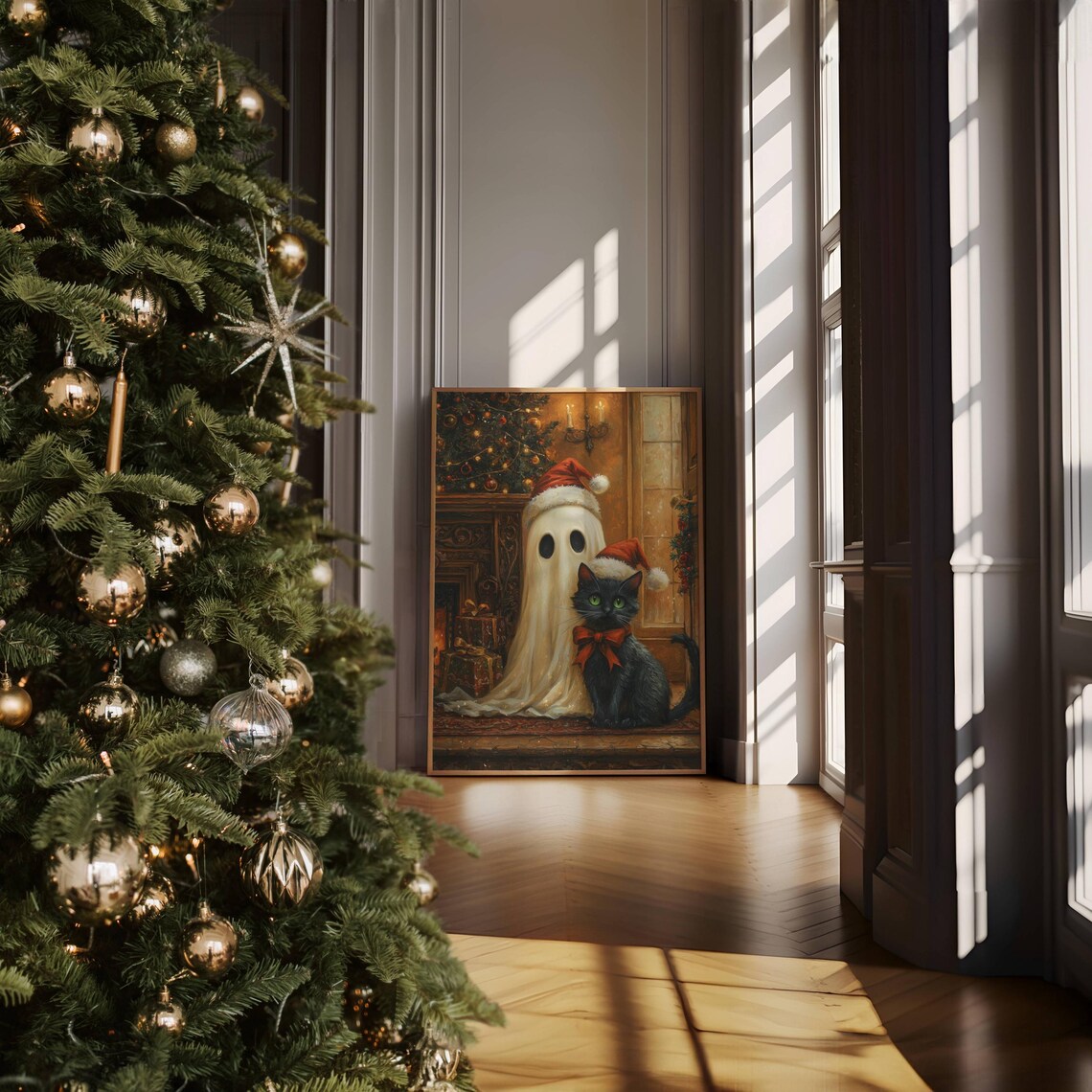 Ghost and Black Cat in Santa Hats by the Christmas Tree Poster - Image 4
