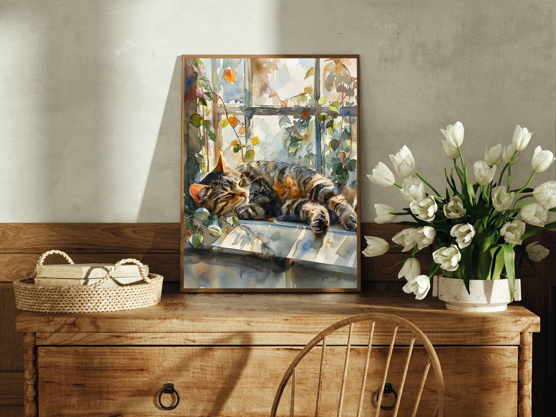 Tabby Cat in Window Art Print, Cat Wall Decor - Image 3