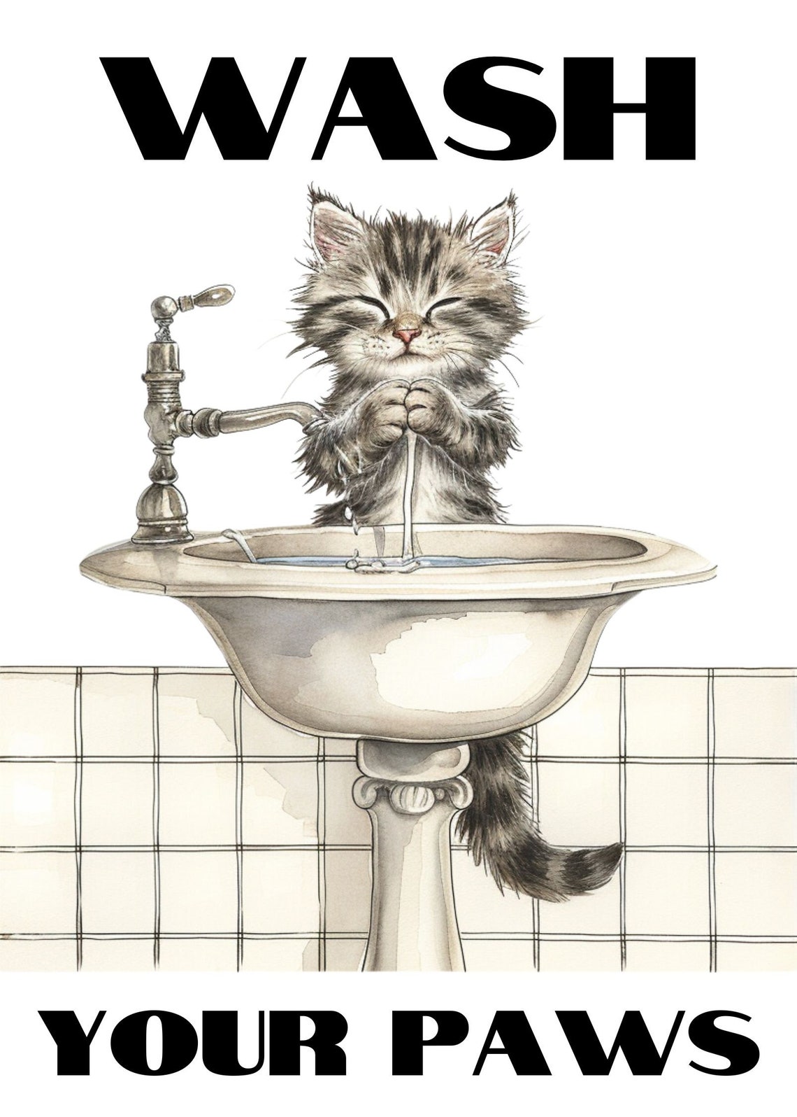 Cute Kitten Washing Its Paws 'Wash Your Paws' Bathroom Humor Poster - Image 2