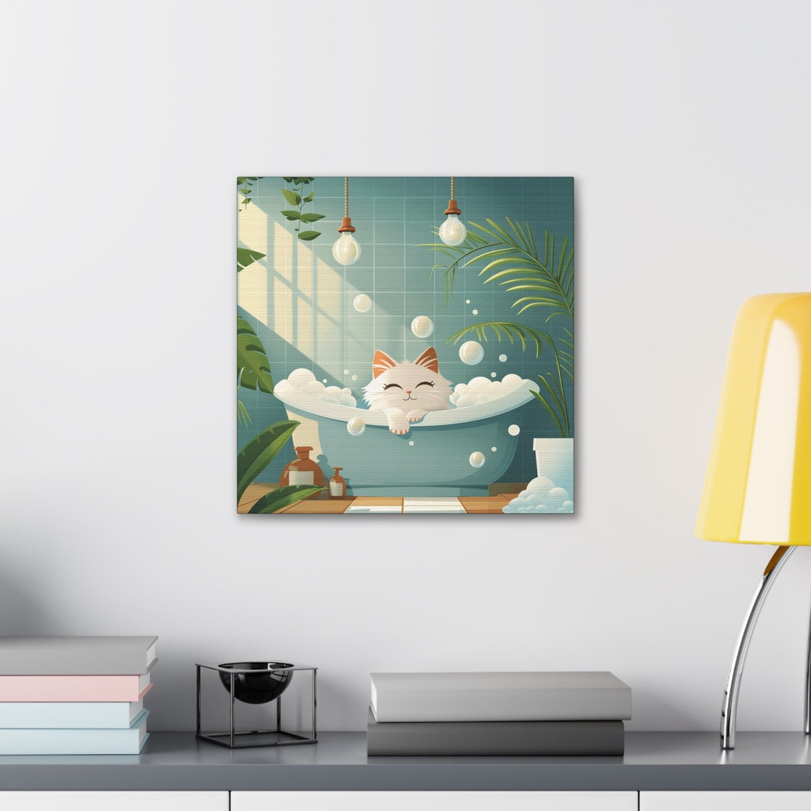 Happy White Cat Relaxing in a Teal Bubble Bath Cartoon Poster - Image 5