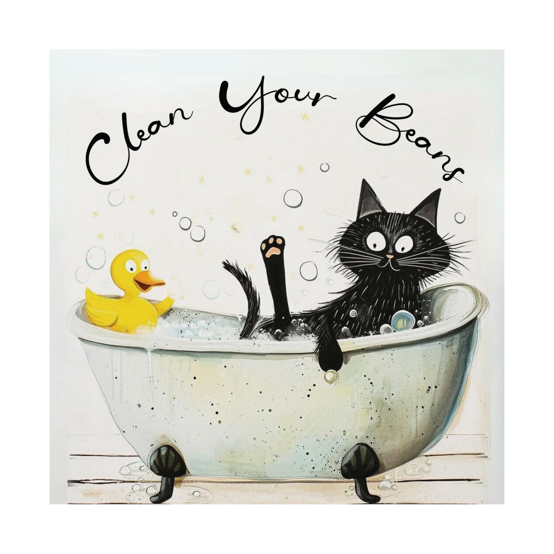 Clean Your Beans Funny Black Cat Taking a Quirky Bath Poster - Image 4