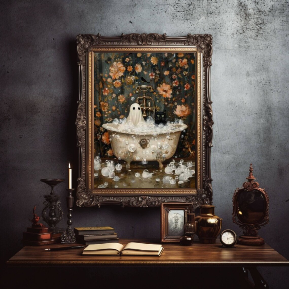 Ghost And Cat In Bathtub Bathroom Wall Art Print - Image 3