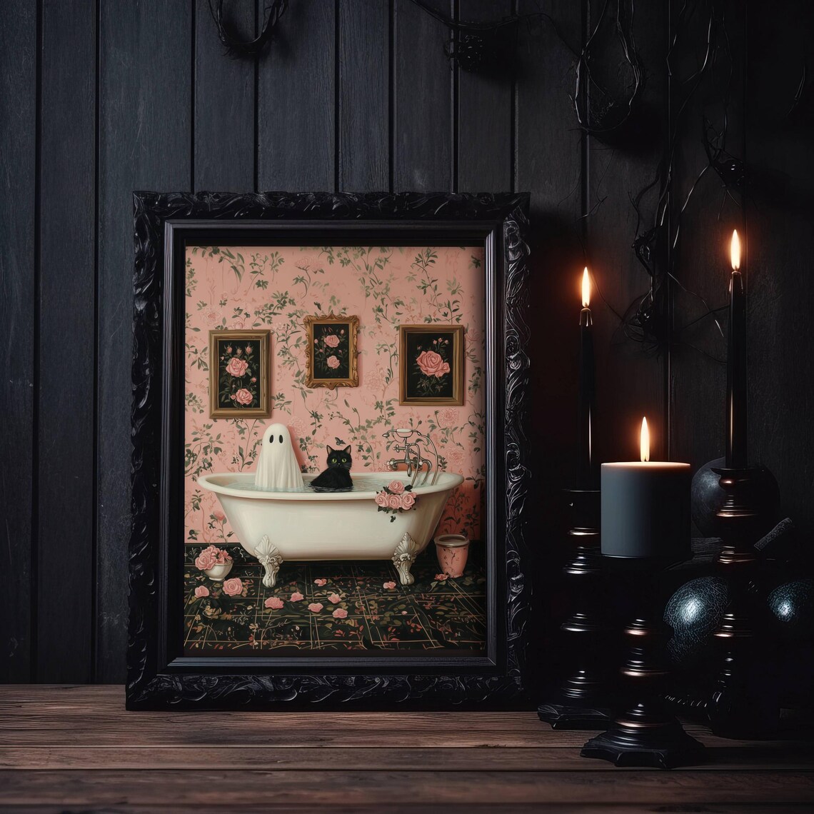 Ghost and Black Cat in a Clawfoot Tub With Pink Floral Wallpaper Poster - Image 2