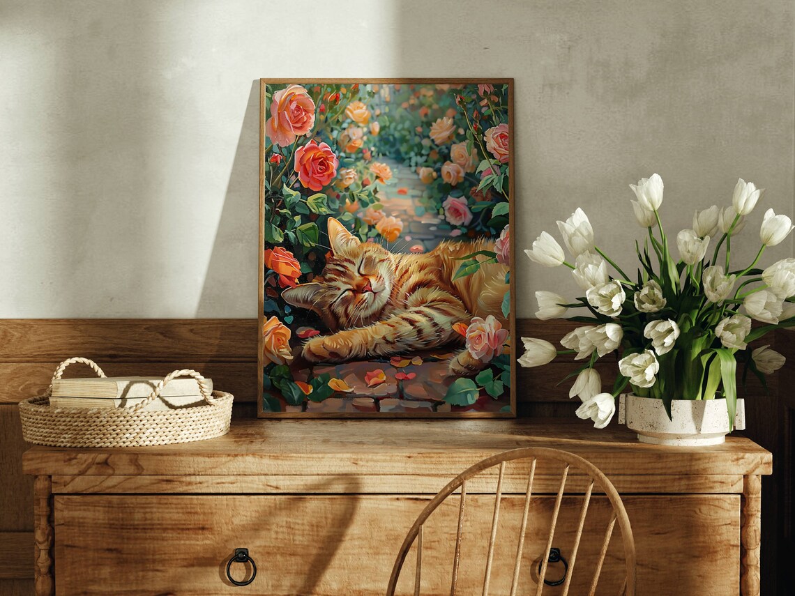 Ginger Cat in Rose Garden Poster, Floral Feline Art Print - Image 6