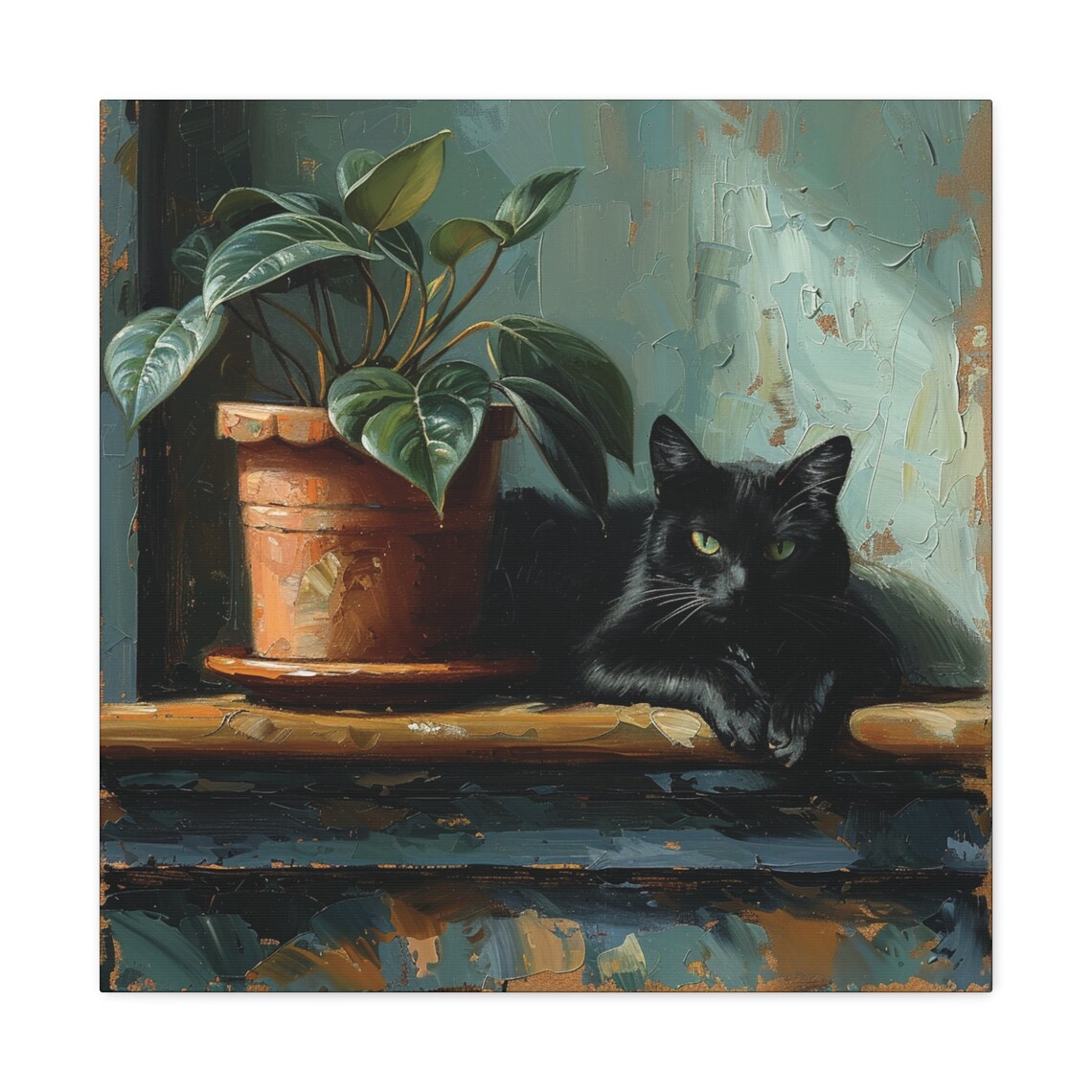 Black Cat Resting by Potted Plant on Windowsill Oil Painting Poster - Image 2