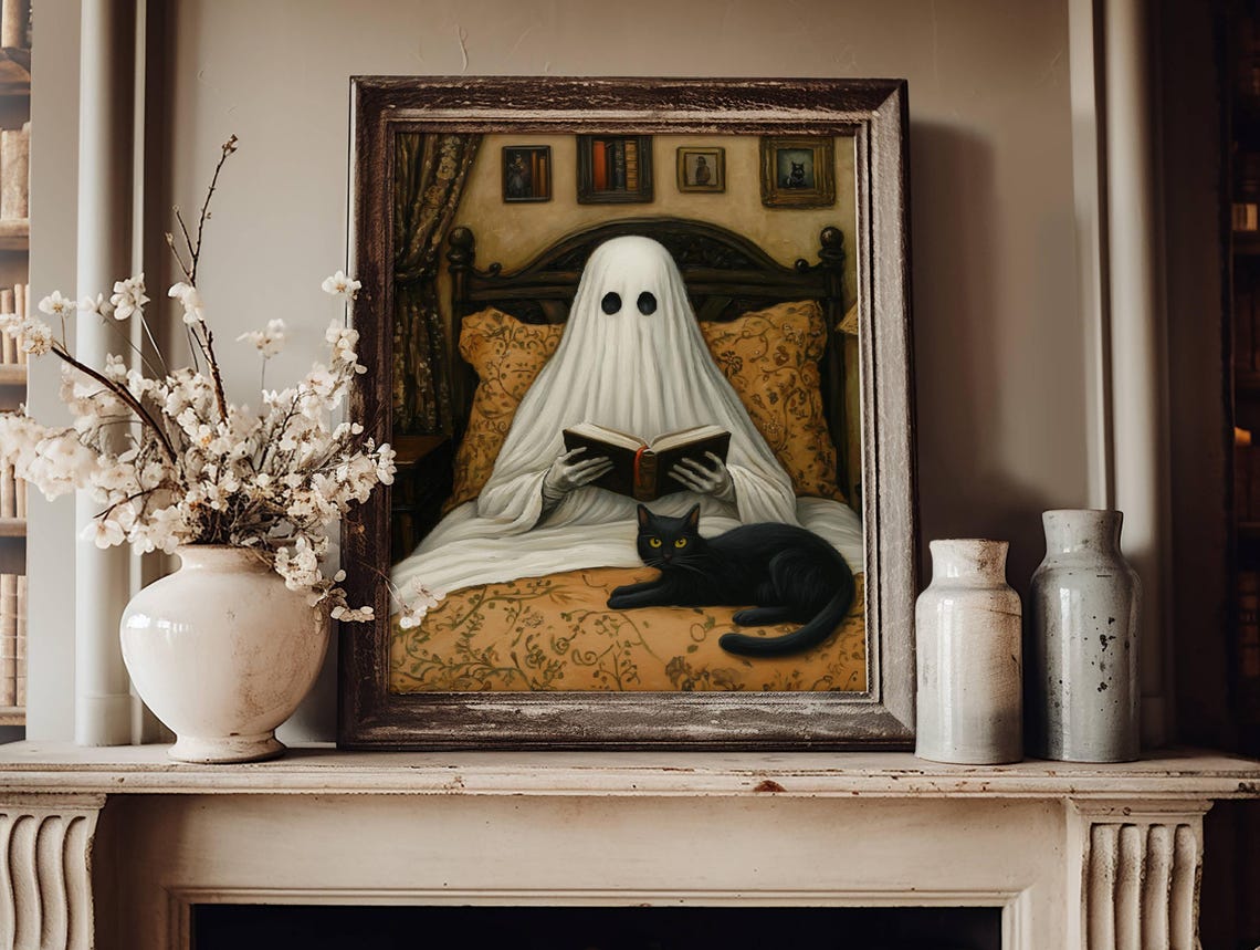 Ghost Reading In Bed With A Black Cat Funny Dark Academia Poster - Image 5