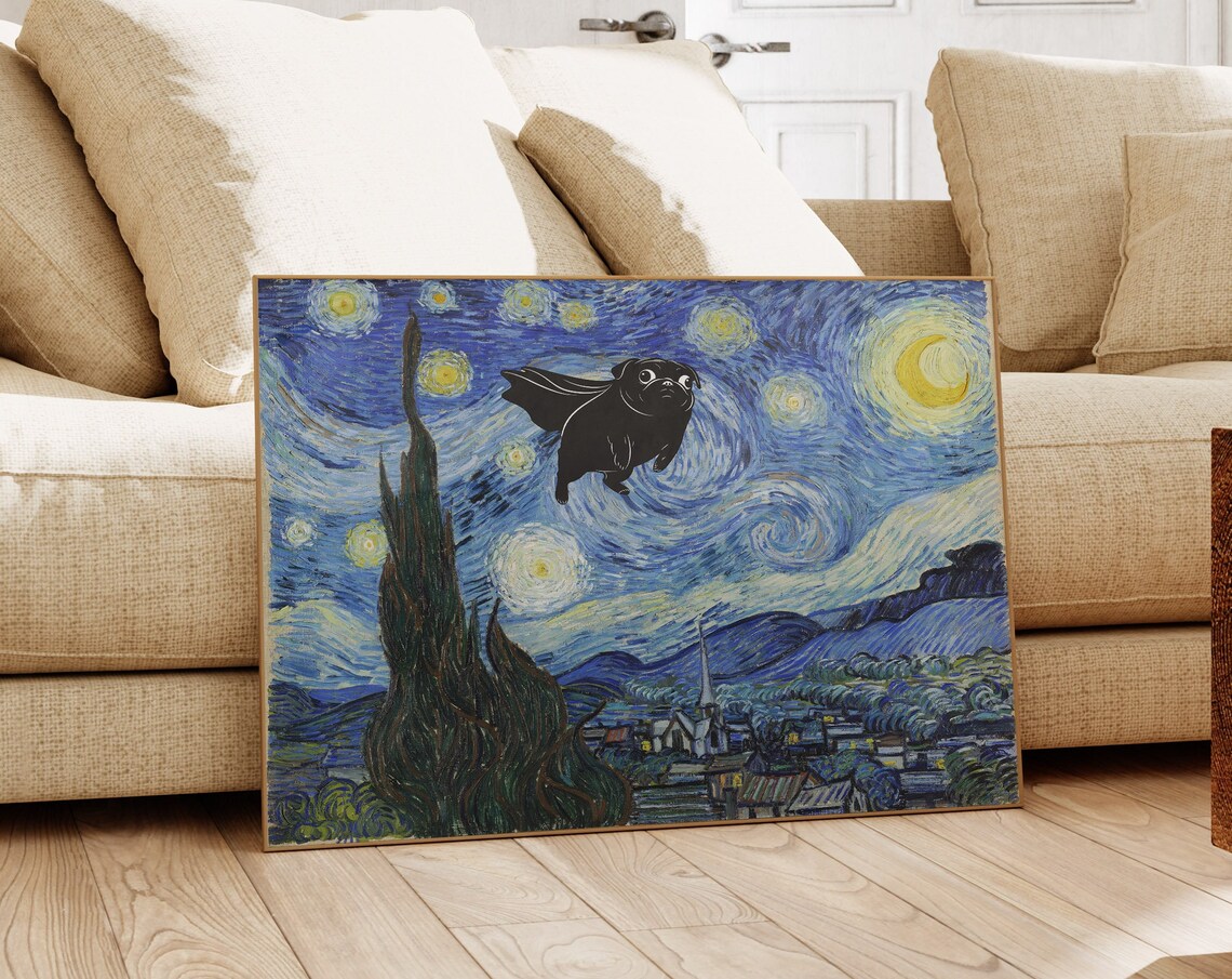 Super Pug Starry Night Art Print, Funny Dog Lovers Gift