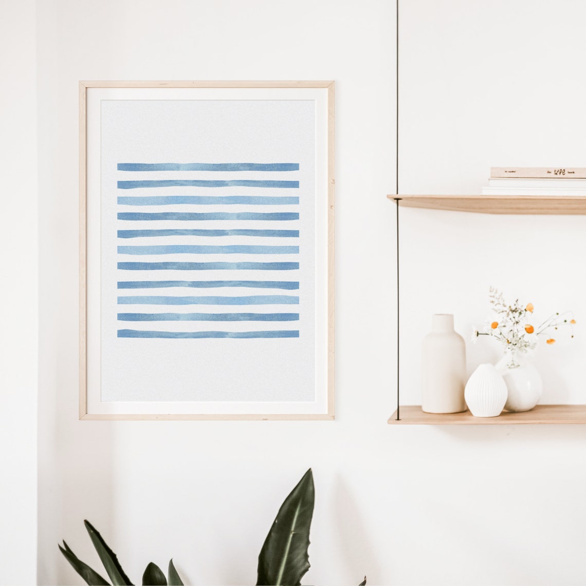 Blue Horizontal Watercolor Lines Minimalist Modern Art Poster