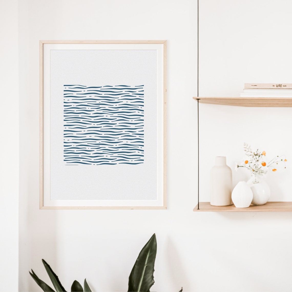 Navy Blue Wavy Line Grid Minimalist Abstract Modern Art Poster